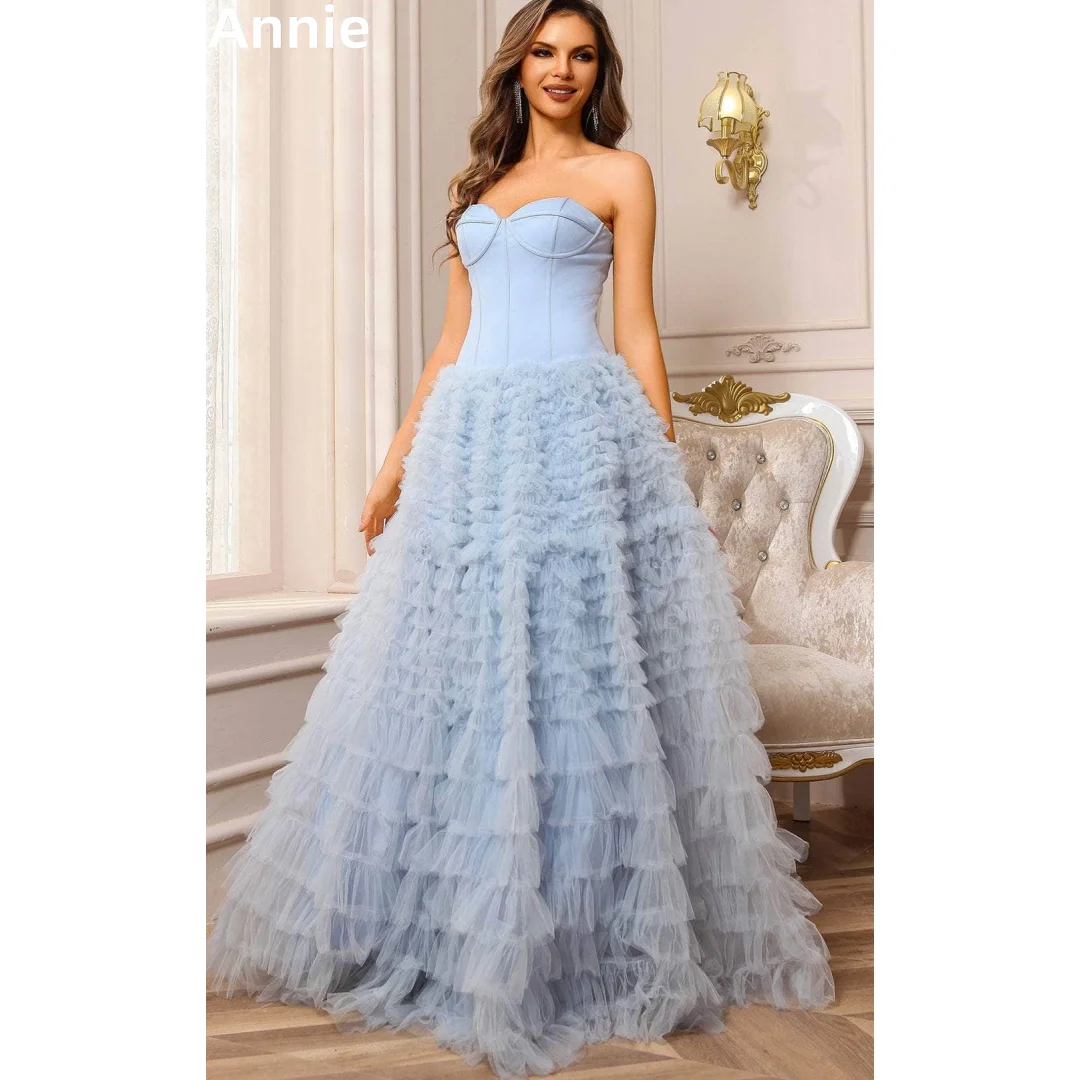 

Annie Handmade Tulle Multi-layer Prom Dresses Sky Blue Evening Dresses Princess Wedding Party Dresses فساتين سهرة
