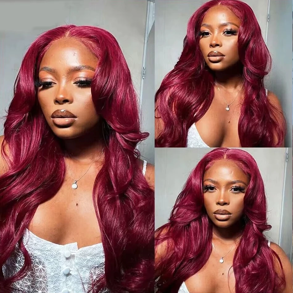 Wig Rambut Asli 34 Inch 200% Density Body Wave Burgundy 13x4 HD Lace Front Untuk Wanita 99j Bug Colored 13x4 HD Lace Frontal Wig