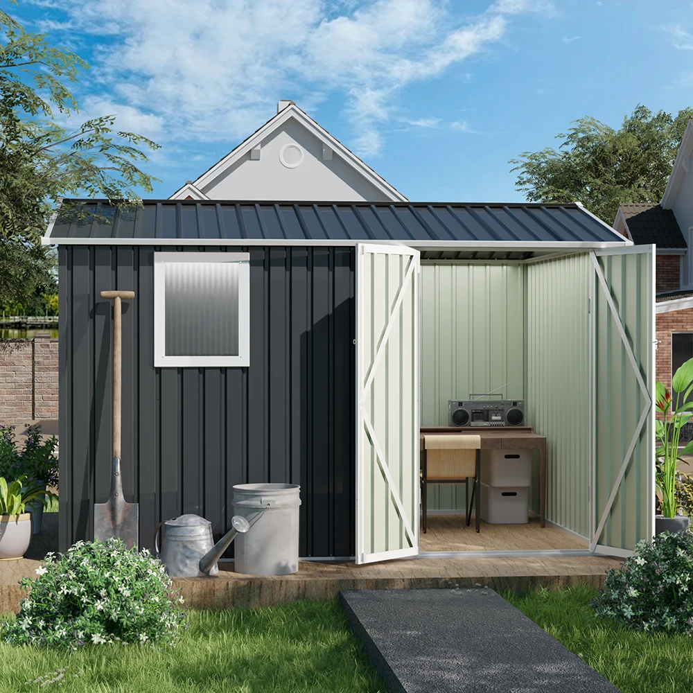 

Металлический садовый сарай 9x6 футов для патио и заднего двора, сарай для хранения инструментов с одной оконной нишей (9,5x6,7 футов, серая конусная крыша с окном)