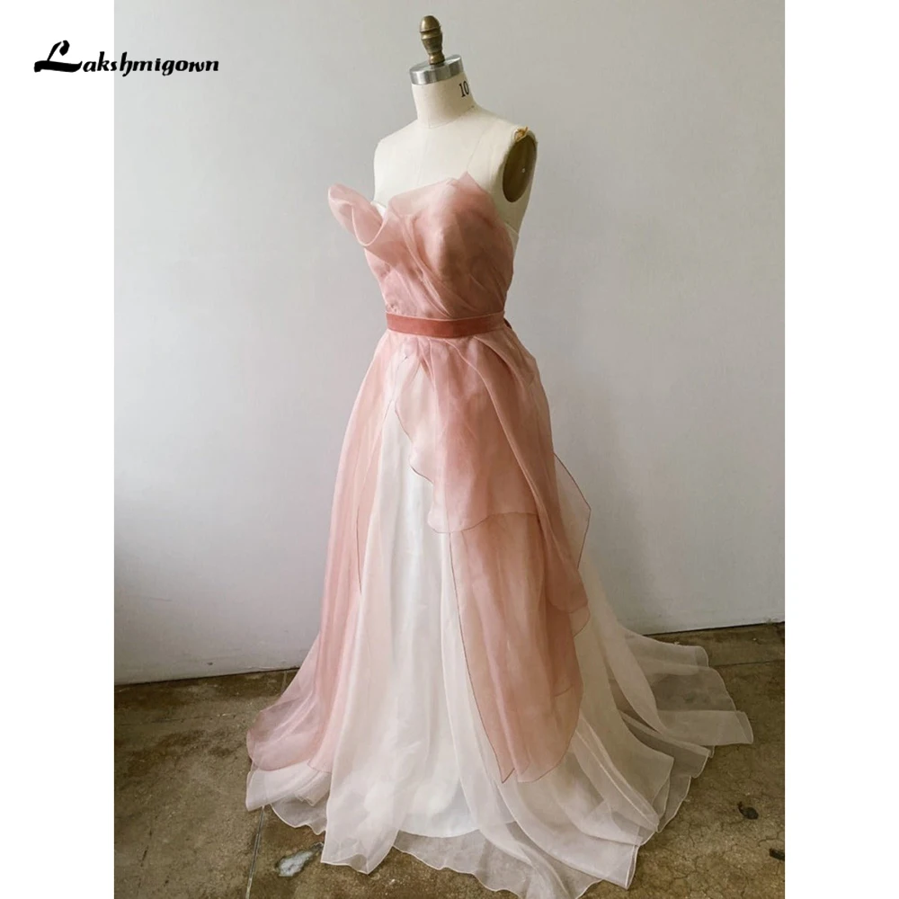 Sexy Roze Strapless Mouwloze Riem Strik Netten Een Lijn Trouwjurk Voor Vrouwen Boho Bruidsjurken Sweep Vestidos De Novia Robe De