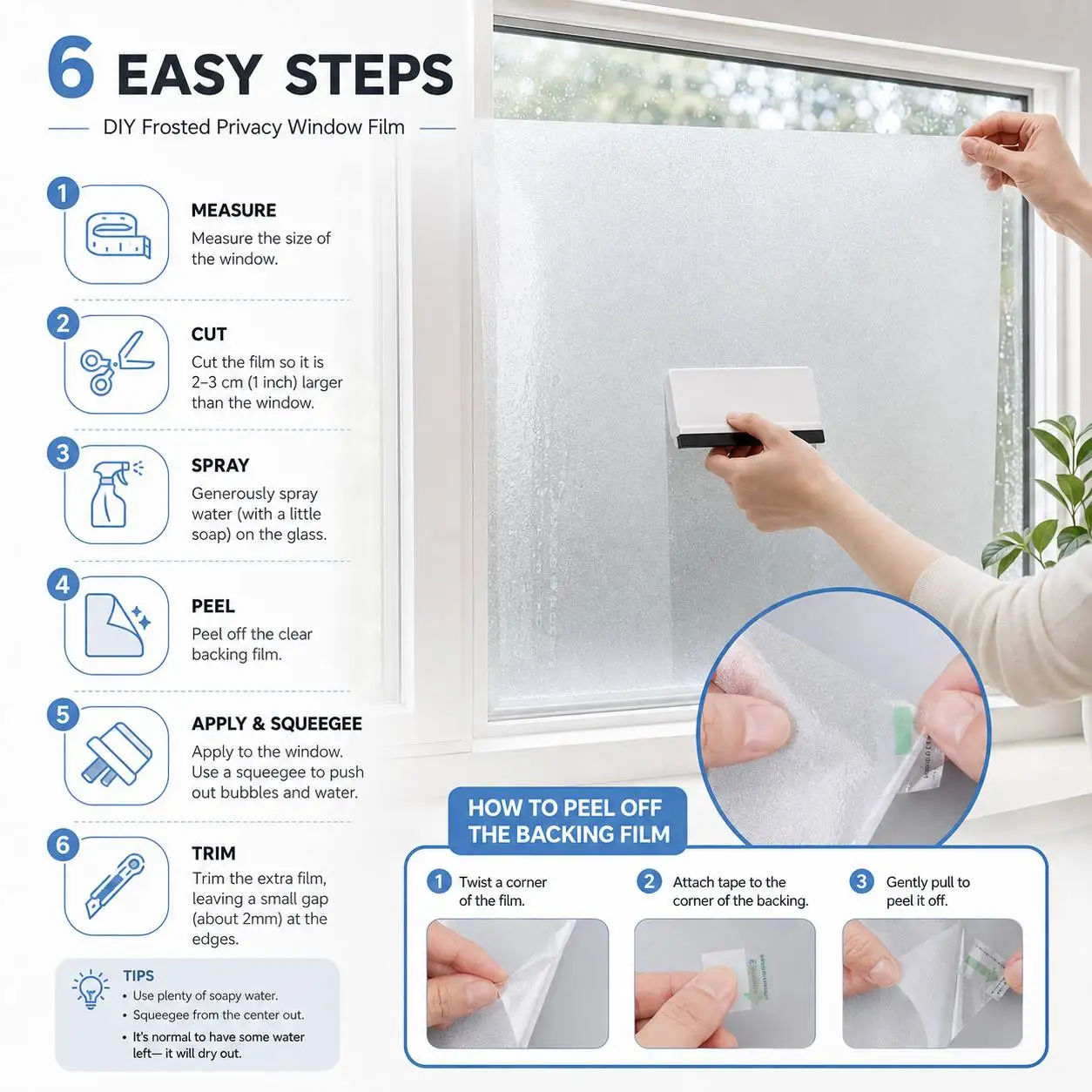 Bathroom Office Door Window Privacy Film Frosted White Roll Static Cling UV Block Heat Block