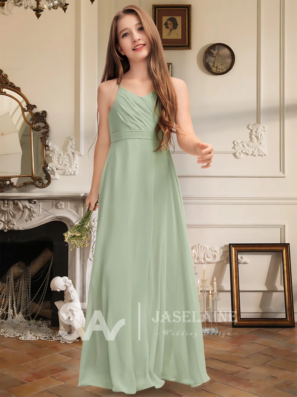 

FGG Floor-Length A-Line V-Neck Chiffon Junior Bridesmaid Dress Ruched Pleats Flower Girl Dress Kid Special Wedding Party Formal