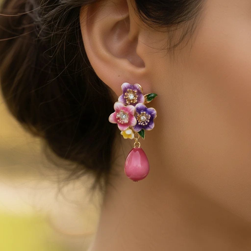Elegante Emaille-Blumen-Ohrringe für Frauen, rosa Perlen, tropfenförmige Tropfen-Ohrringe, Vintage, süßer, exquisiter Temperament-Schmuck