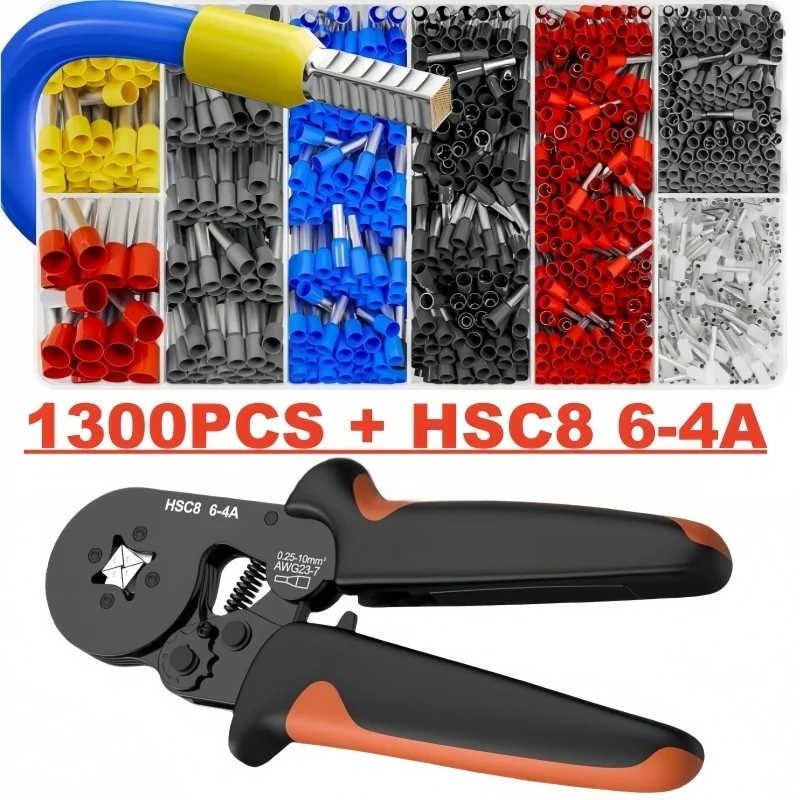 1300 PCs Tubular Terminal Wire Crimping Press Pliers 0,25 Up To 10mm ² HSC8 6-4A Crimping Pliers