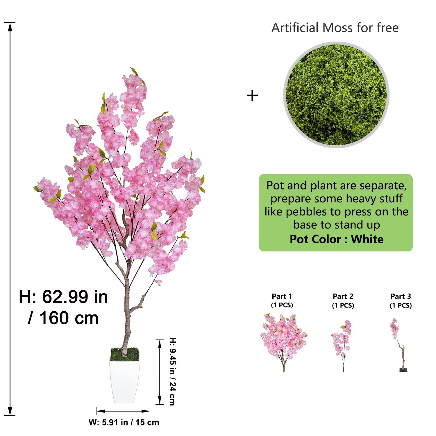 1,59m-2,10m Künstlicher Rosa Kirschblütenbaum im Topf mit Blättern, Künstliche Sakura-Pflanze für Heim, Hochzeit, Innenraum, Wohnzimmer-Dekoration – Detail 11