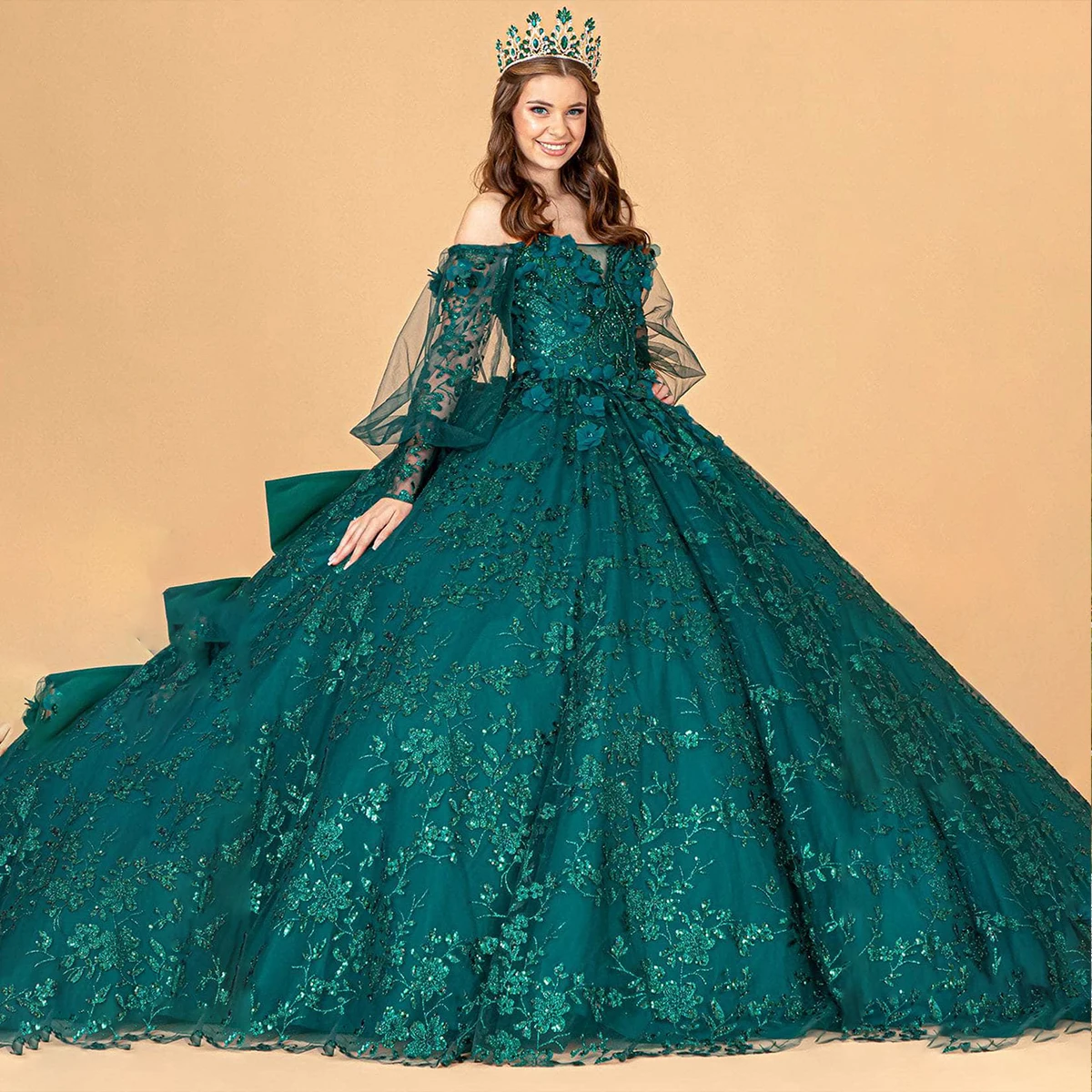 Robe de Quinceanera avec appliques de luxe, manches transparentes amovibles, robe de Rhde princesse de fête, robe de train de balayage à nœud dans le dos, 15 ans