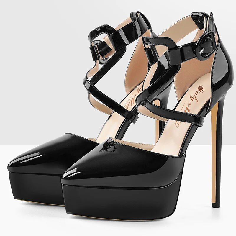 Onlymaker Women Platform Pointed Toe Black Patent Leather Thin High Heels Criss Cross Buckle Strap Big Size Shoes