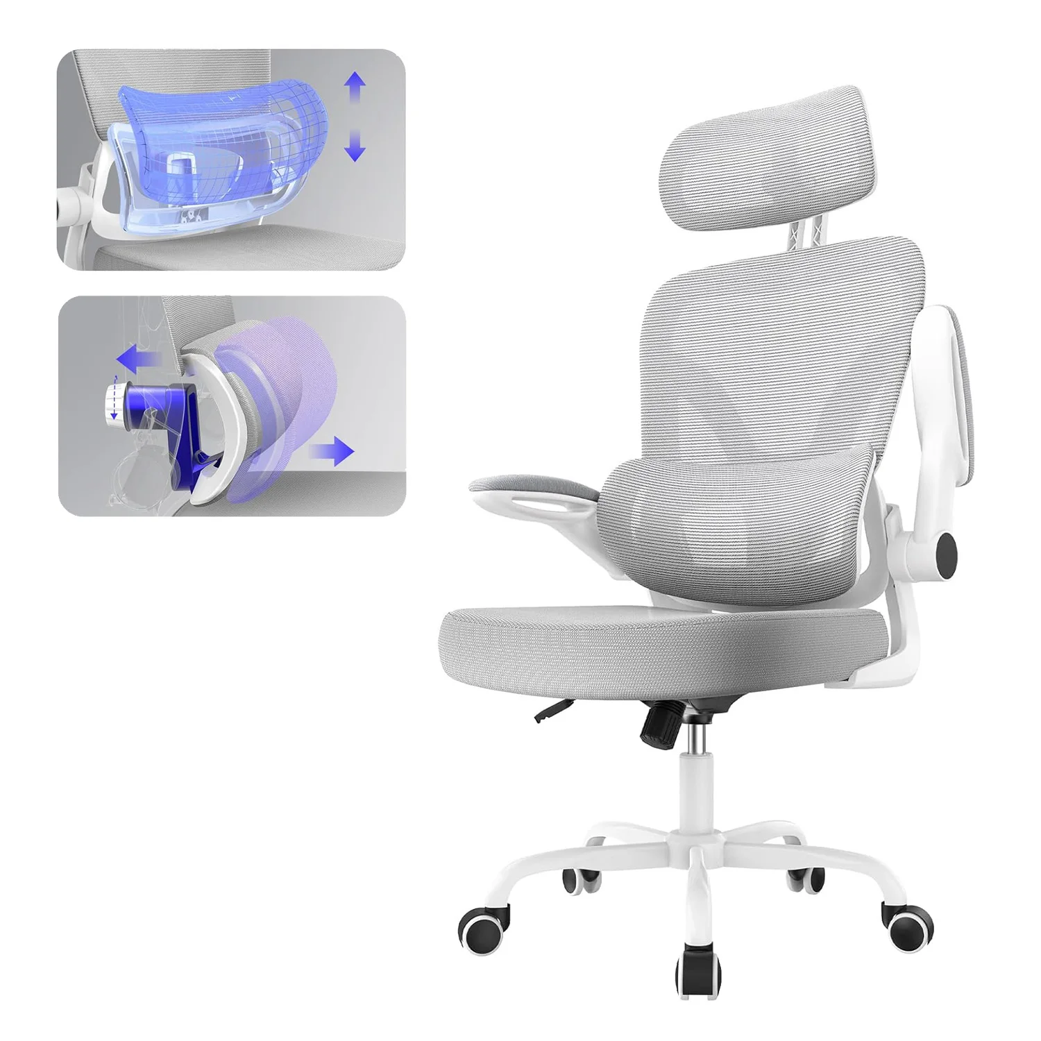 Ergonomic Office Chair with Lumbar Support, Home Office Desk Computer Chairs Adjustable Headrest and Flip-up Armrests image 3