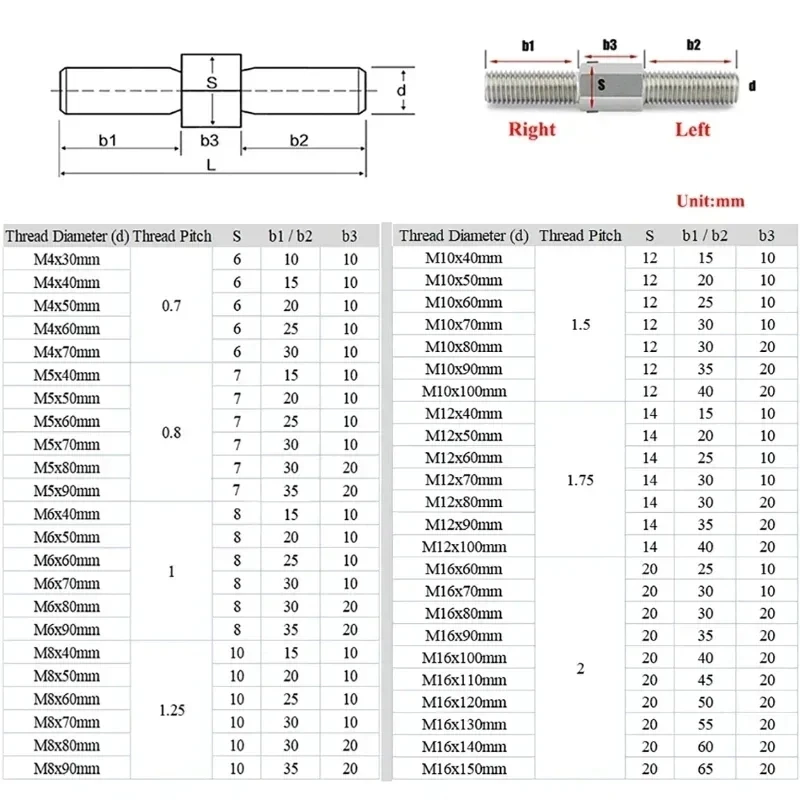 304 Stainless Steel Outer Hexagon Teeth Bolt Left and Right Conversion Double-End Thread Rod Stud Bolt M3 M4 M5 M6 M8 M10-M16