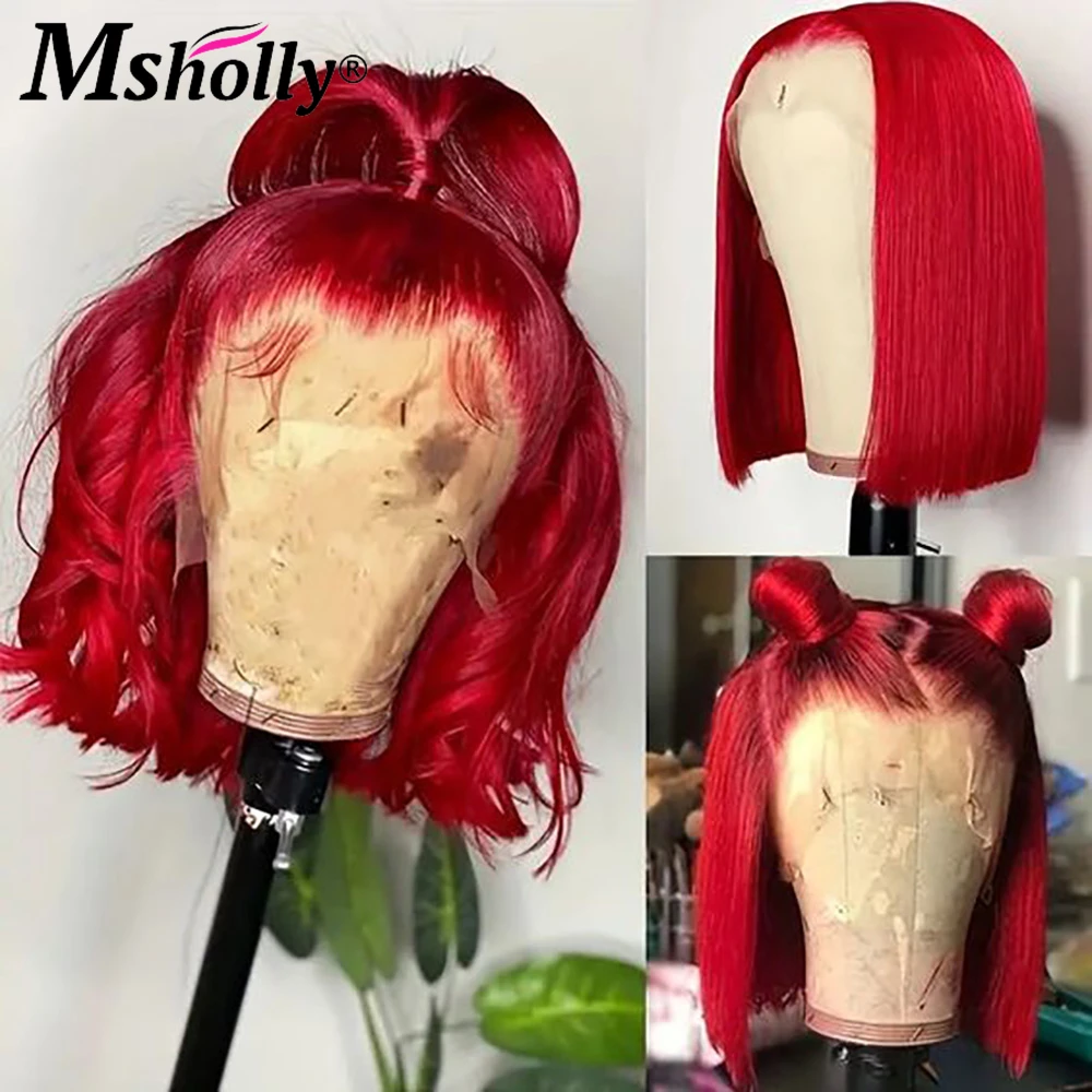 Red Wigs Human Hair Cherry Red Short Bob 13x4 Lace Front Wigs Human Hair Pre Plucked Transparent Lace Frontal Wigs 150% Density