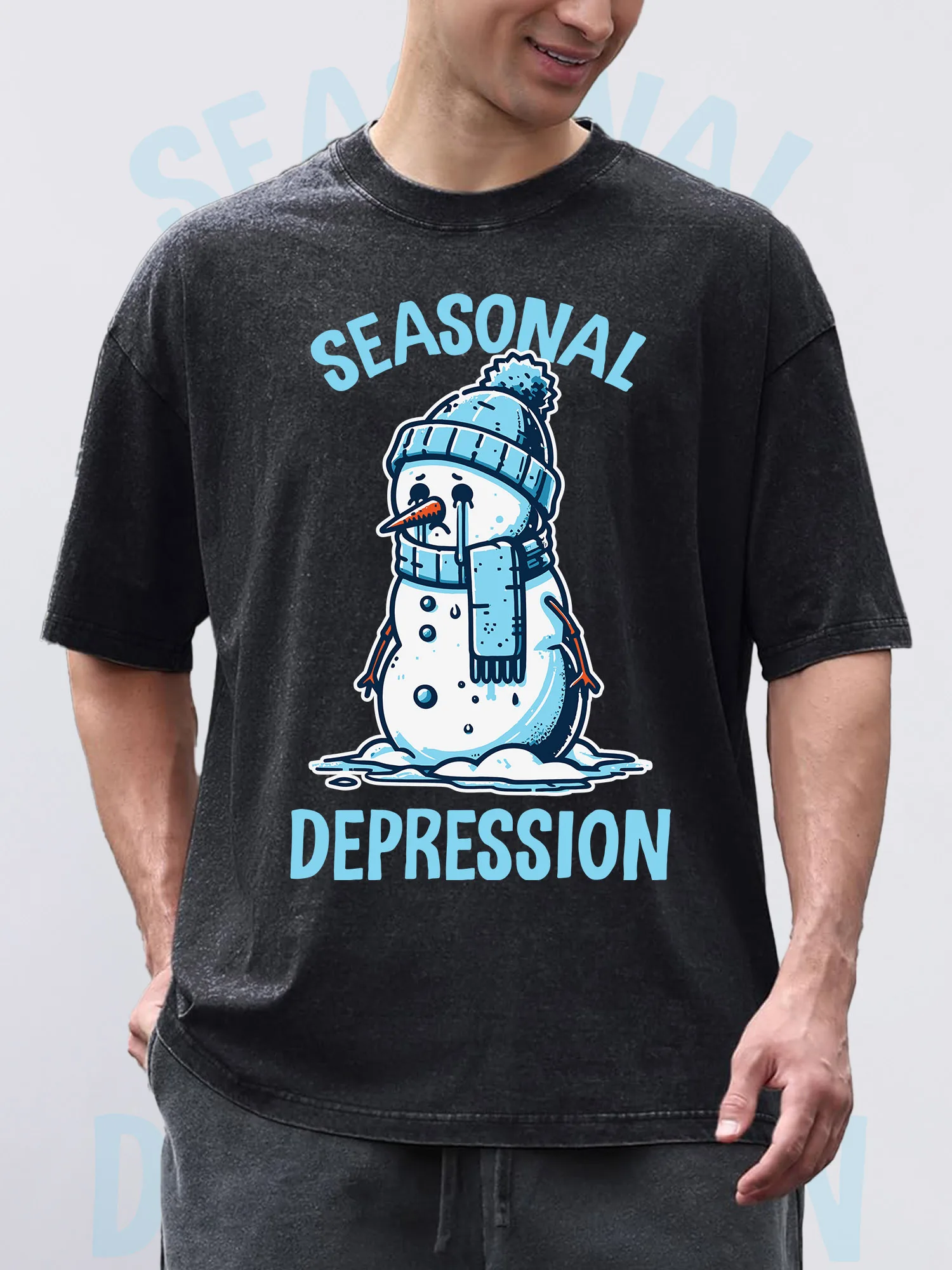 Men's T-Shirts DEPRESSION Printed Black Short-Sleeved Round Neck 100% Pure Cotton Acid Wash Suitable For Christmas