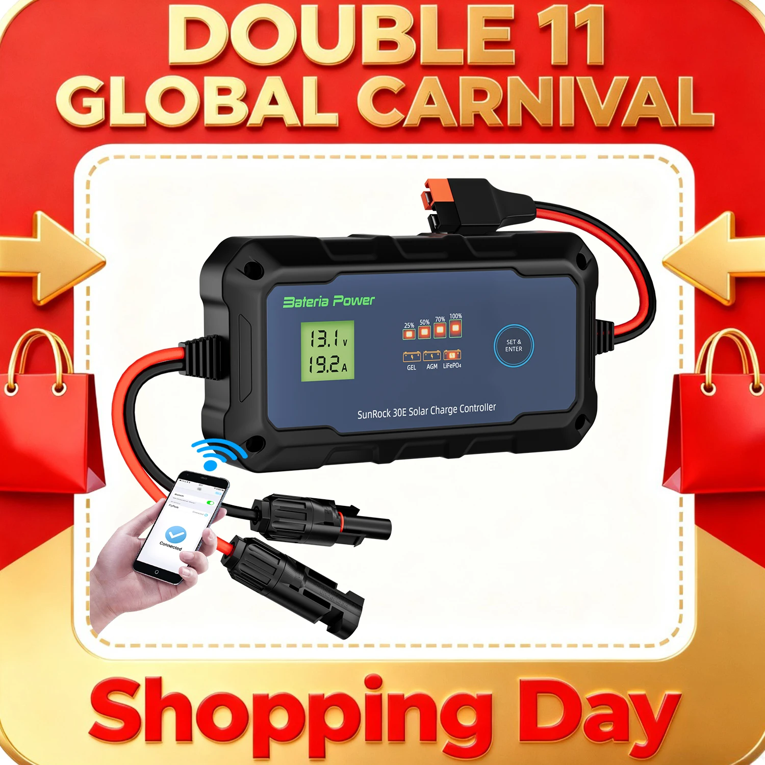 

Контроллер заряда солнечной батареи 30А, 12 В, 24 В, ШИМ, встроенное управление BTAPP, интеллектуальная мощность батареи Plug and Play, портативный Max PV 900 Вт, 55 Вт