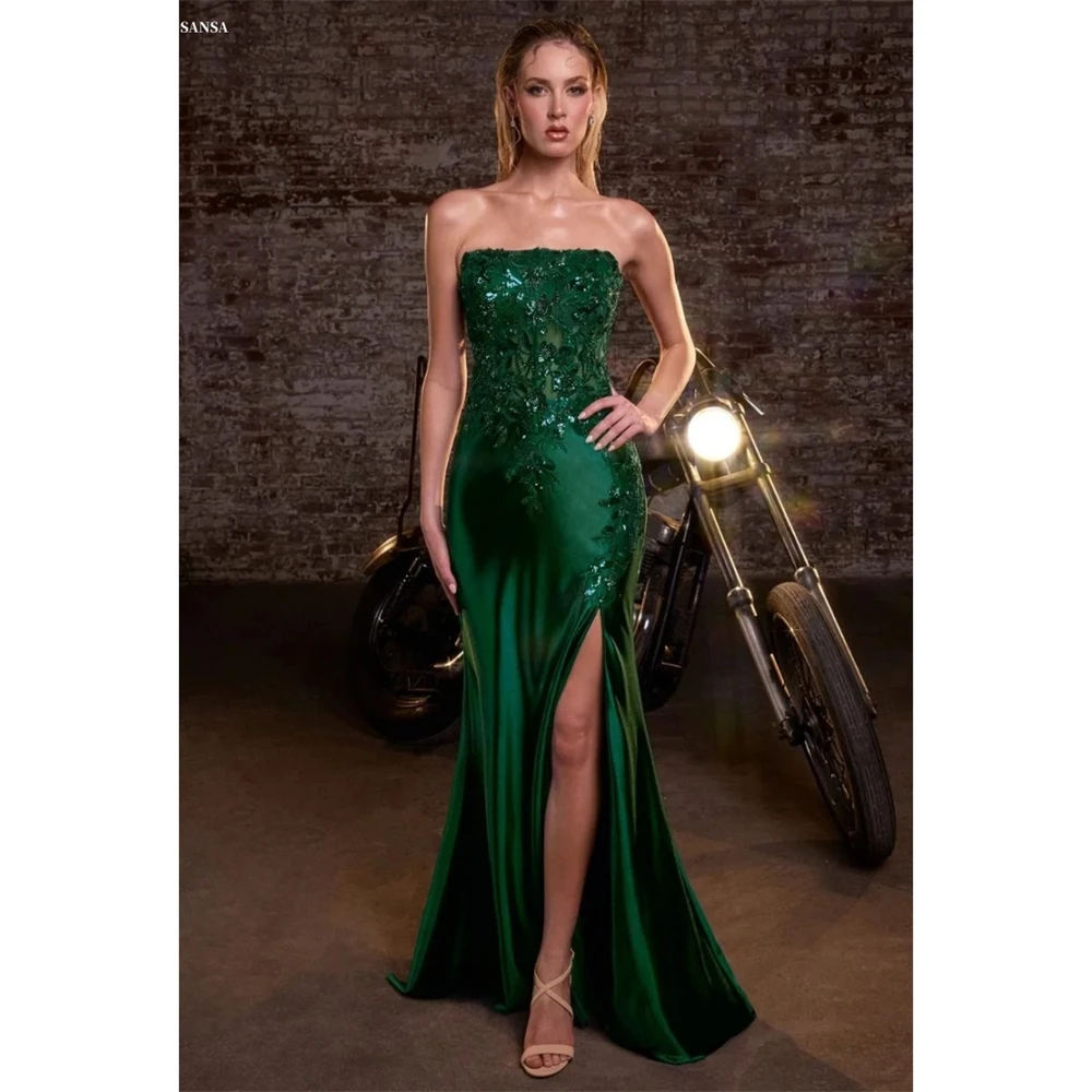 

Sansa Customized Mermaid Sequinned Appliques Side High Split Prom Dress Strapless Vestidos De Noche Floor-Length Formal Evening