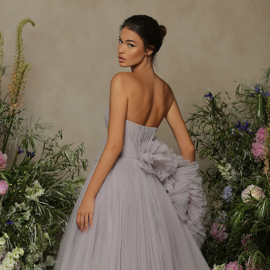 Robe de bal en Tulle violet clair pour femmes, tenue de soirée élégante, longue, à volants, pour séance photo