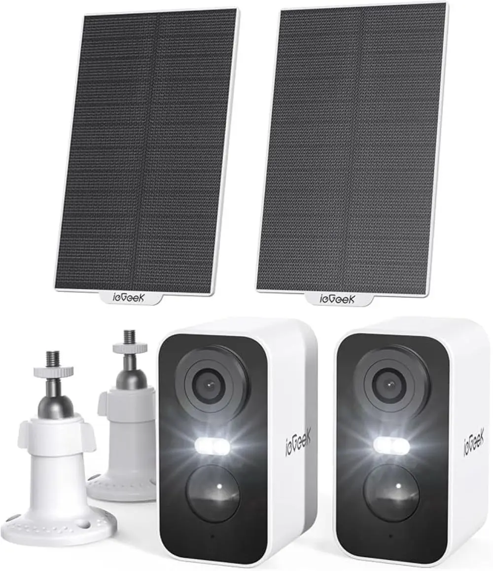 Zestaw 2 kamer monitoringu 2K/3MP z panelem słonecznym, 100% bezprzewodowe, do użytku na zewnątrz, z funkcją kolorowego obrazu w nocy, 2,4 GHz Wi-Fi, kompatybilne z Alexa.