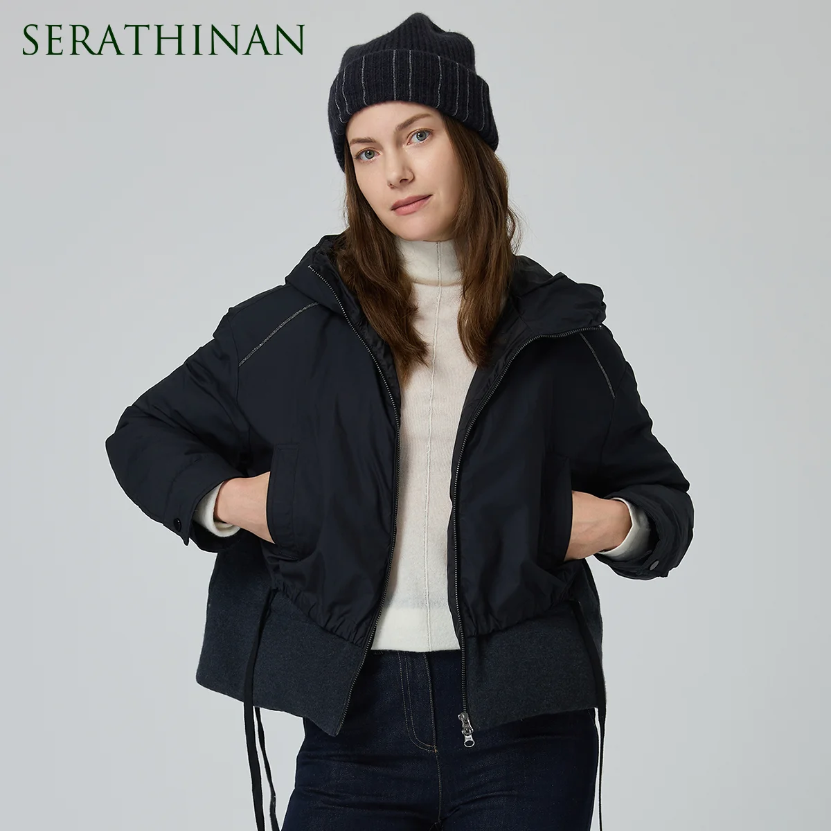 BY3521416 Women's Cropped Hooded Duck Down Jacket Zip Front Puffer Coat Wool Hem Warm Winter Outerwear Daily Wear