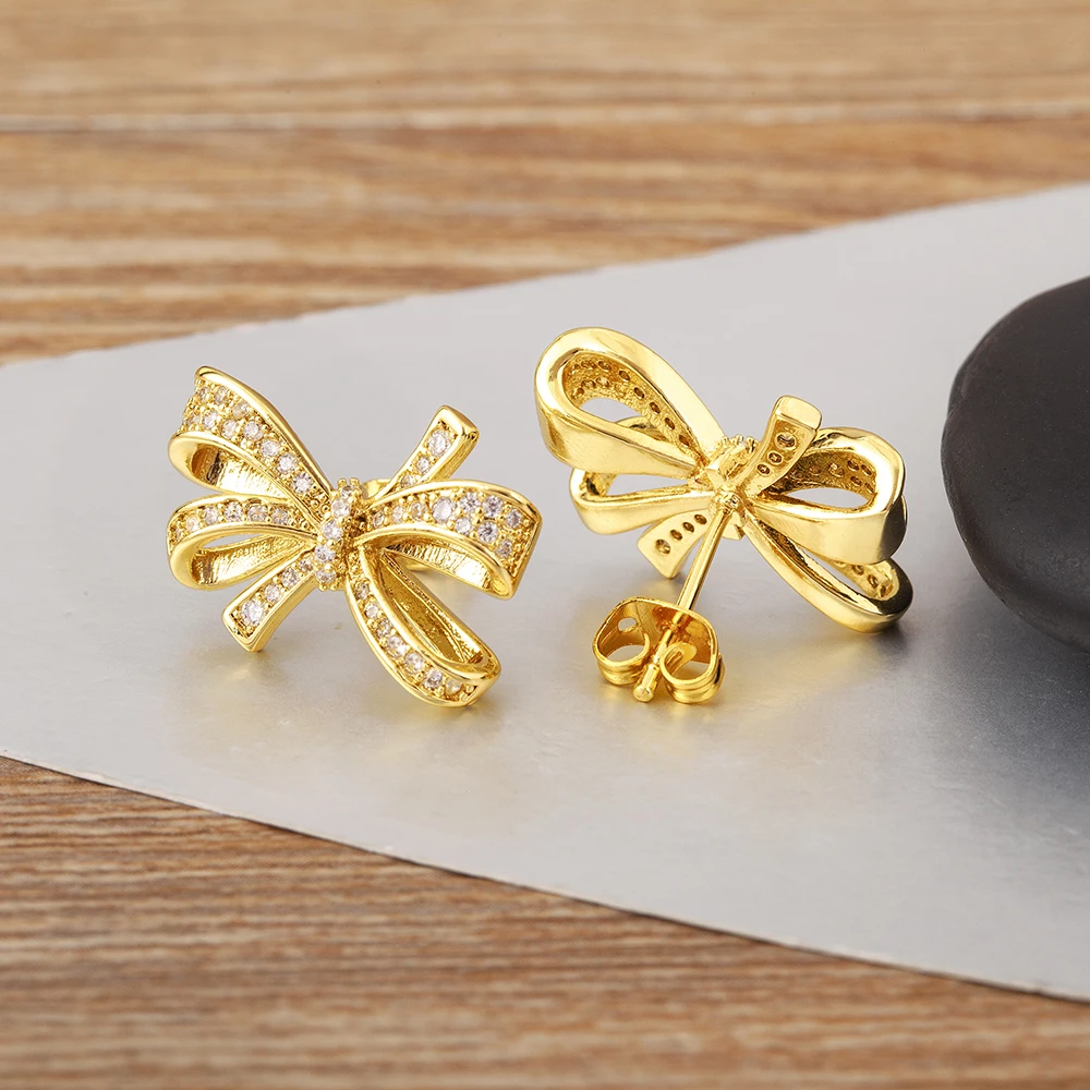 Nidin New Trendy Bow Shape Pave Shiny Crystal Zircon Stud Earrings For Women Girl Luxury Ear Jewelry Wholesale Accessories Gifts