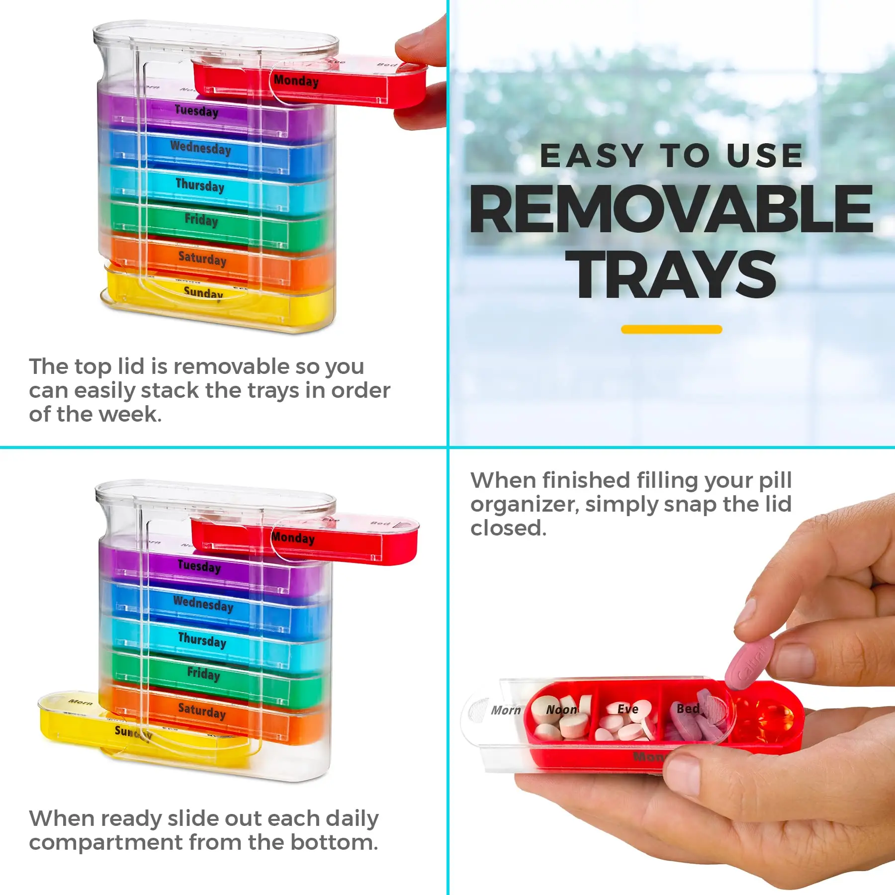 Weekly Pill Organizer with 7 Stackable Trays with 4 Times a Day Pill Box 4 Compartments Labeled for Morning Noon Evening Night