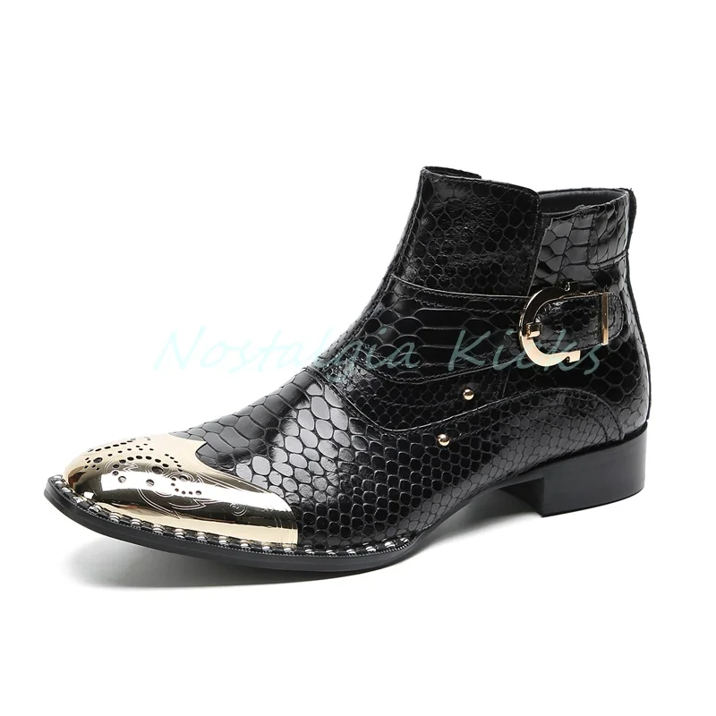 Trendy Men's Black Snake Skin Pattern Ankle Boots Golden Metal Toe Buckle Strap Side Zipper Chelsea Boots Casual Leather Botas