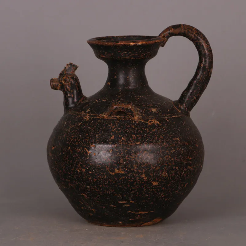 Western Han Yue Kiln Black Glaze Chicken Head Pot Double Loop Handles Vintage Ceramic Decor Collectible