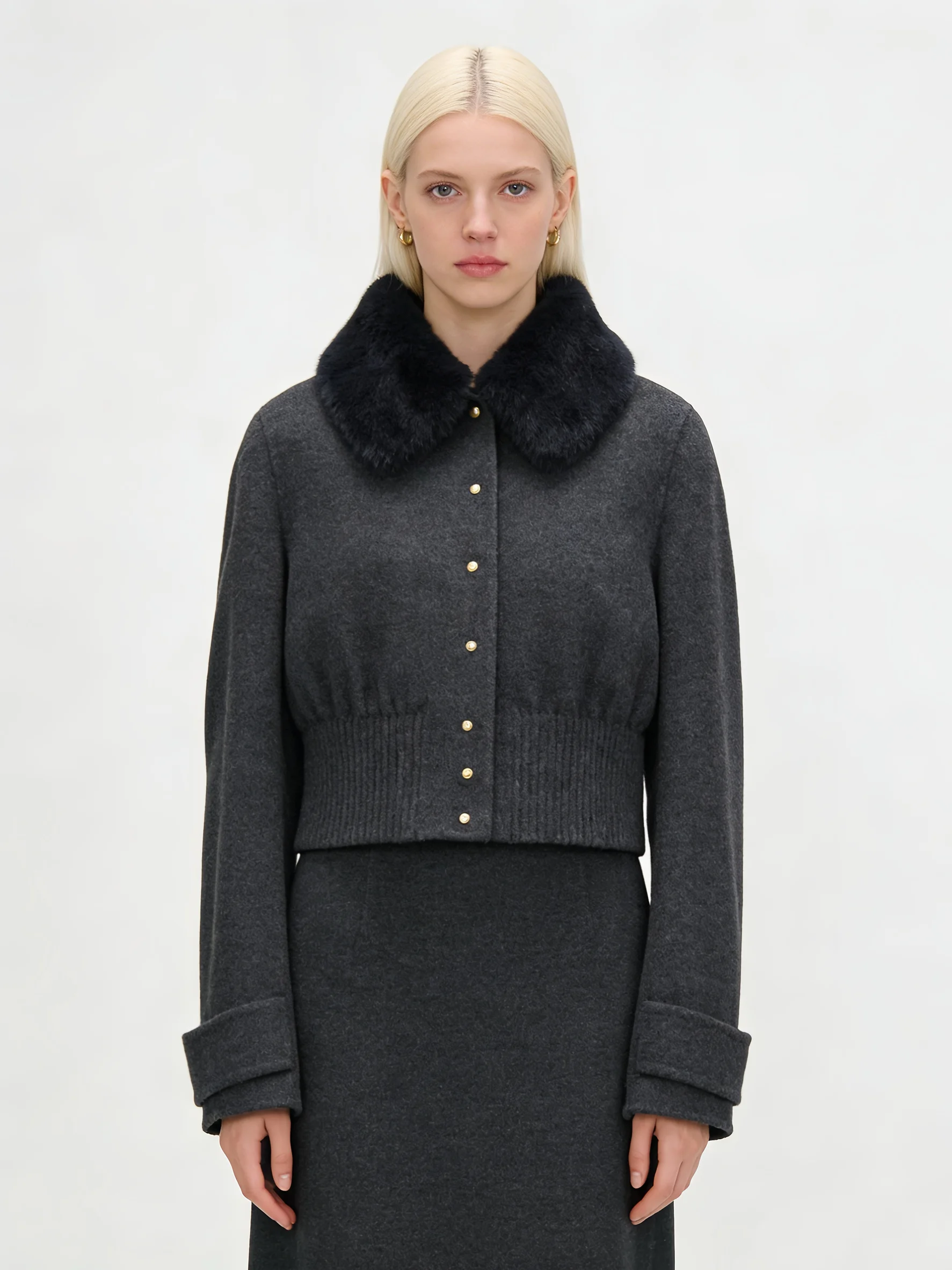 

Женская укороченная куртка из 100% кашемира с меховым воротником, темно-серая, на пуговицах, повседневная верхняя одежда