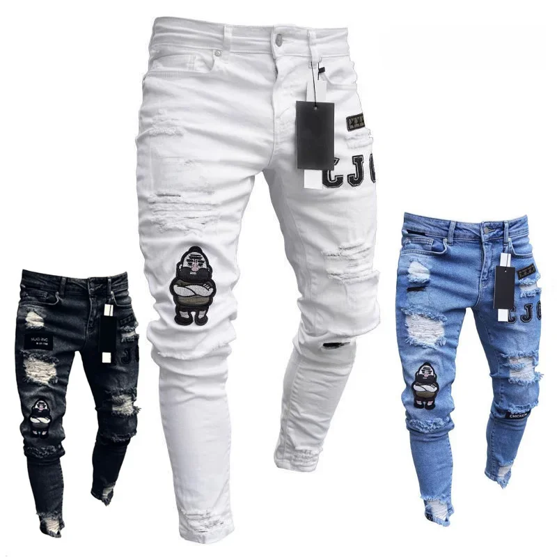 nowe białe dżinsy z haftem męskie bawełniane elastyczne dżinsy z przetarciami wysokiej jakości hip-hopowe czarne spodnie jeansowe z dziurami slim fit oversize — zdjęcie 2