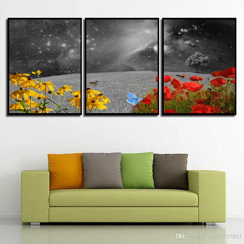 3Pieces Universe Star Moon Grass Flower Tree Lake Landscape Canvas Painting Nordic Posters and Prints Wall Art Pictures No Frame