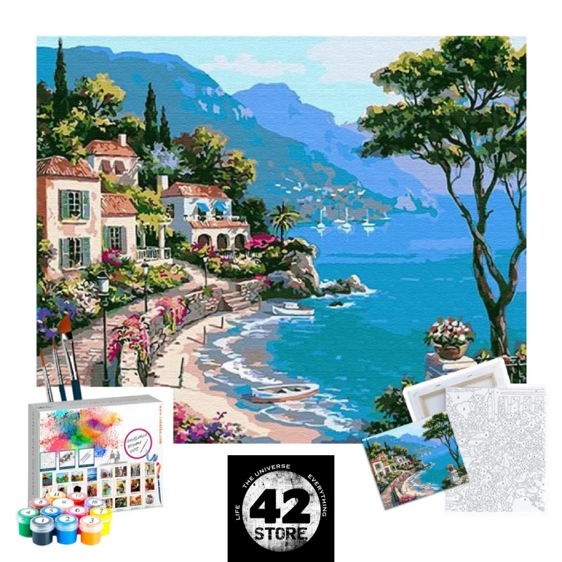 

Painting By Numbers Set On 40 x 50 cm Canvas Chassis Beach Town Tabdiko