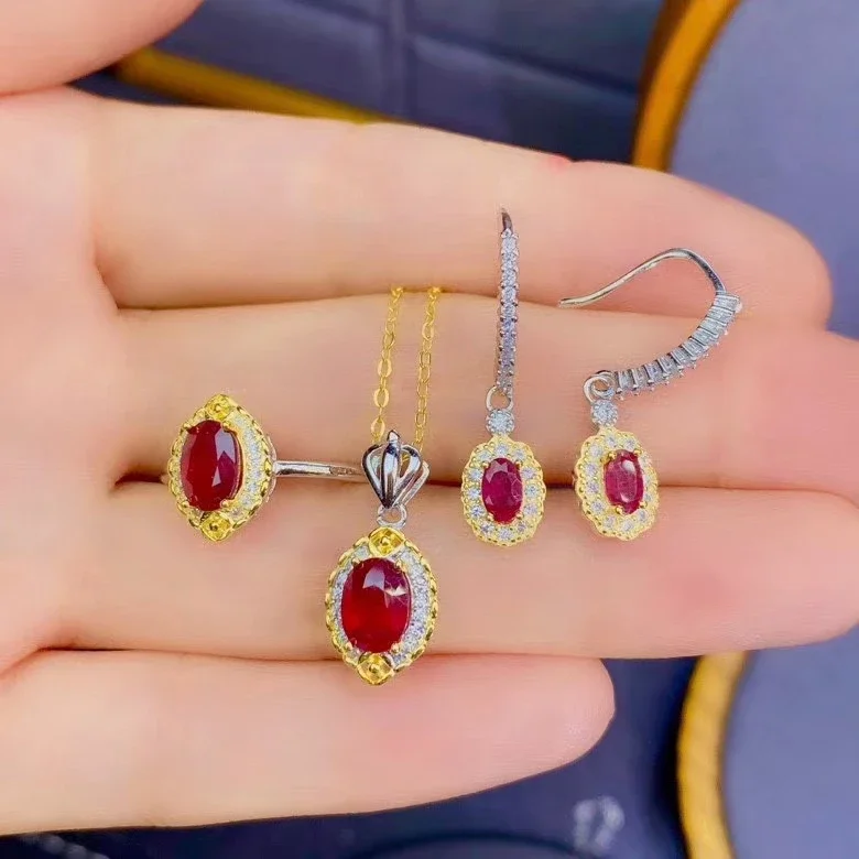 925 sterling silver electroplated white gold gold inlaid natural ruby ring pendant earrings women's set gift for girlfriend