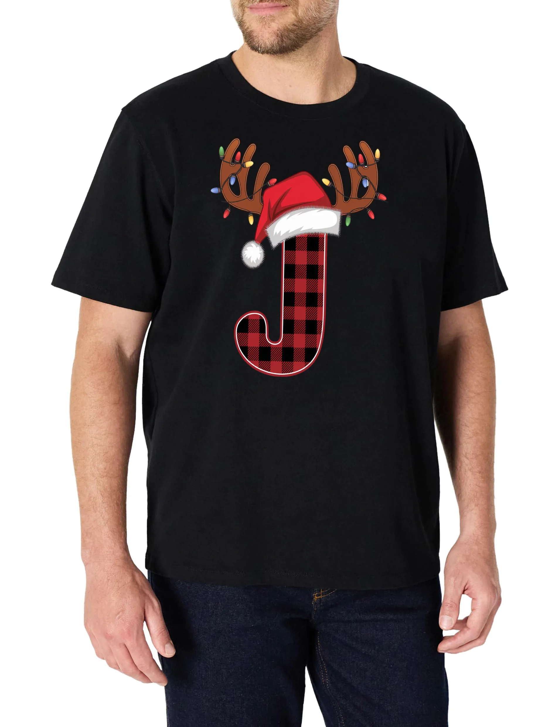 

Men's T-Shirt with J Printed Design, Black Short Sleeve Crew Neck, 100% Cotton