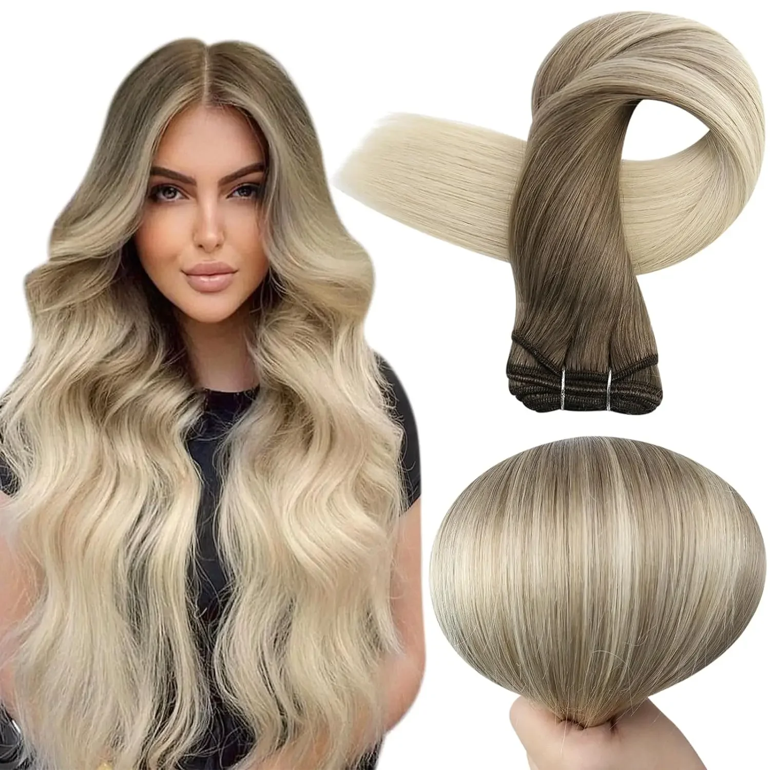 Full Shine Human Hair Inslag Extensions Haarbundels 100G Ombre Blonde Kleur Naaien In Zijdeachtige Rechte Remy Huid Dubbele Inslag Voor Salon - afbeelding 2