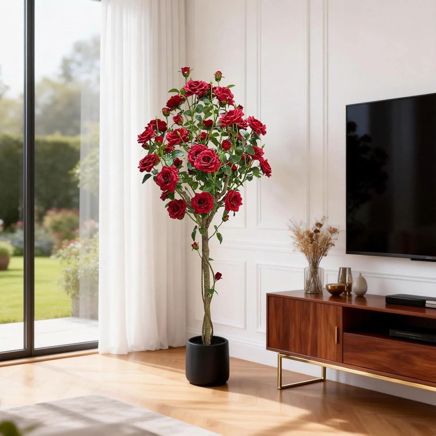 Décoration artificielle de haute qualité – Arbre à roses artificiel de 1,5 m – Fleurs en soie, tronc en plastique, pot décoratif rond – Pour le salon, le couloir et les espaces extérieurs couverts