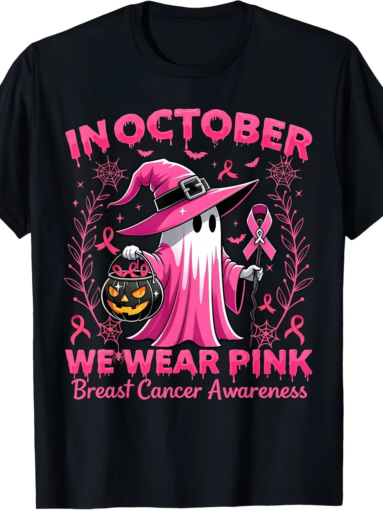 Men'S And Women'S Short Sleeve T-Shirt, October Pink Breast Cancer Awareness Halloween Graphic Print Crew Neck Tee, Public Welfare Holiday Casual Daily Top