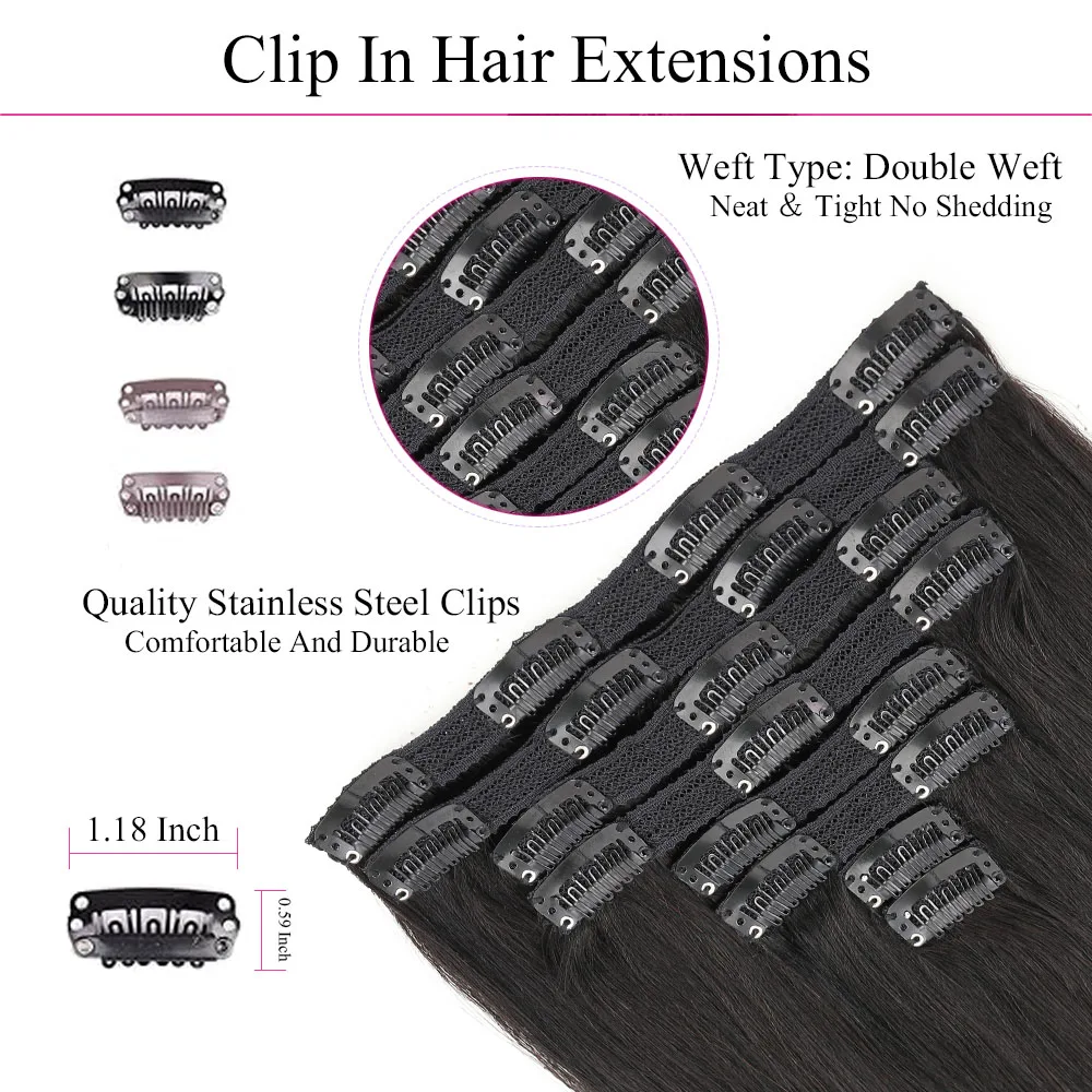 Extensiones de cabello humano con Clip, 100% cabello humano Remy negro Natural, extensiones invisibles de cabello humano Real con Clip para mujeres y niñas