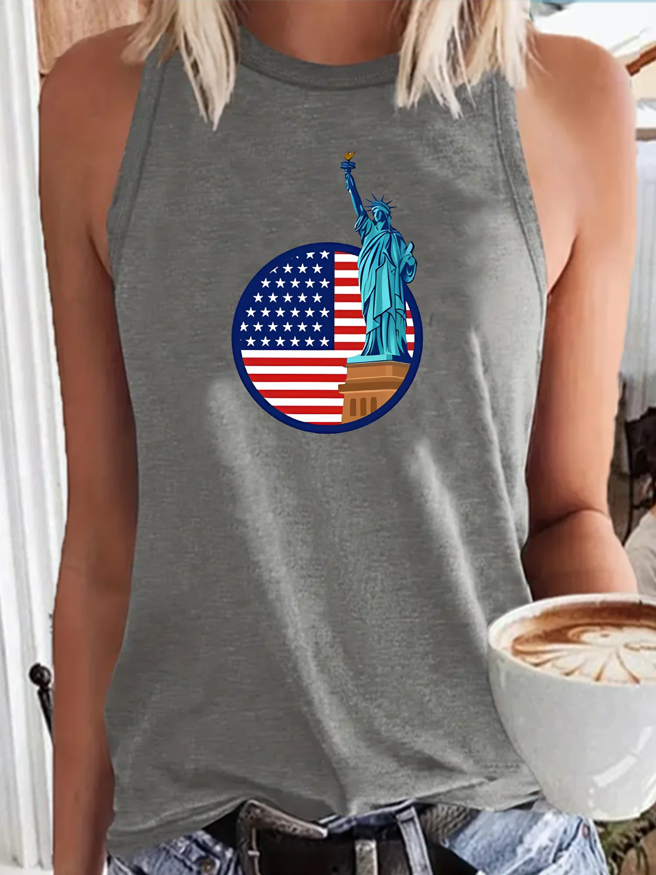 American Flag Statue Of Liberty Fashion Funny Sports Women's Tank Top Loose O Neck Sleeveless Casual Tank