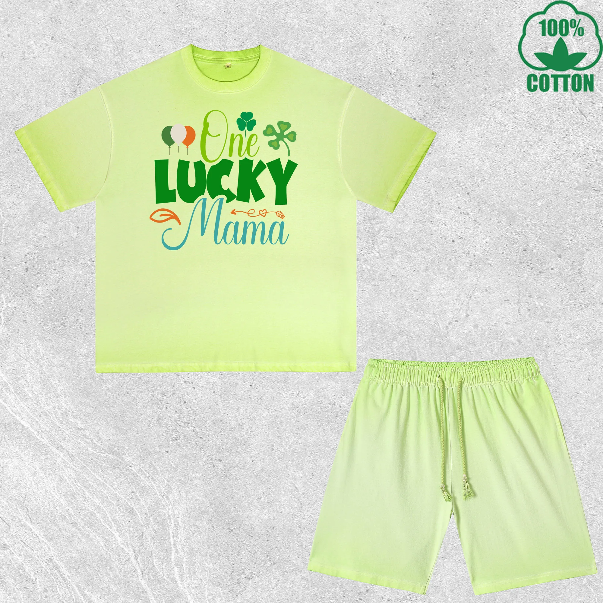 

Комплект из футболки и шорт One Saint Patrick Mama с принтом, эффектом потертости, разноцветный, свободный крой, модный, 100% хлопок