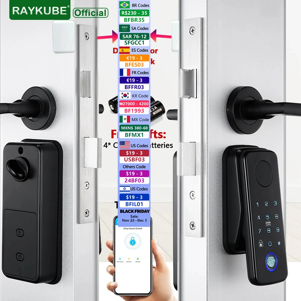 RAYKUBE N1 TT Lock Auto Smart Fingerprint Lock Set with Handle/Door Sensor APP Remote Unlock Easy Install No Punching No Wiring