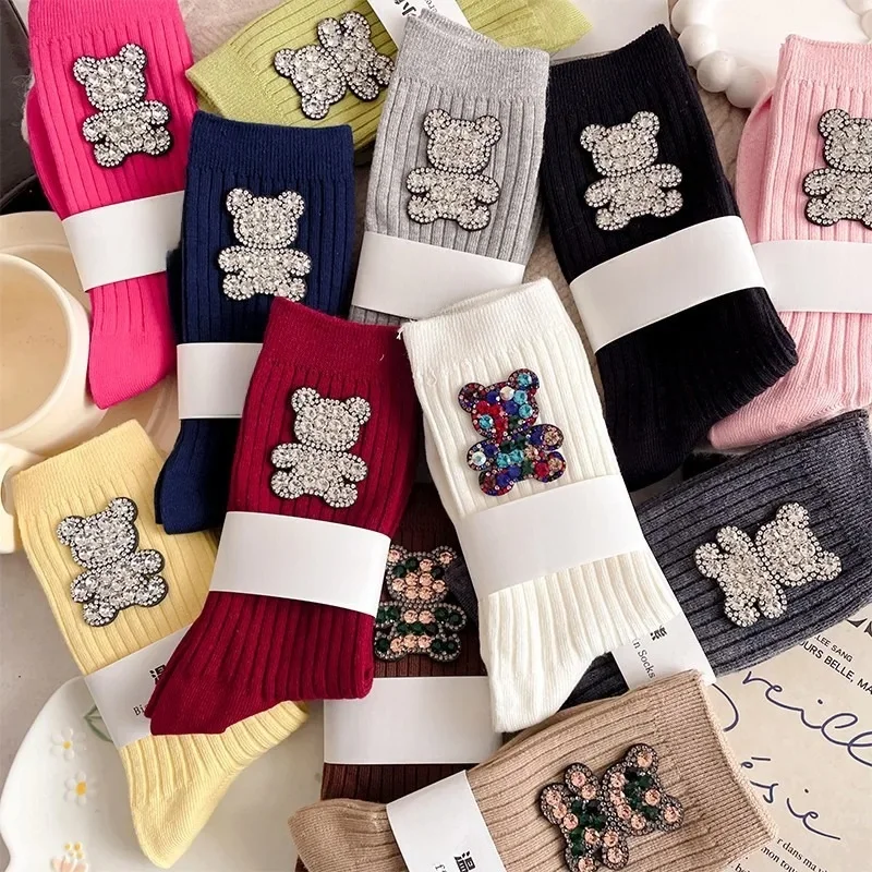 Chaussettes décoratives ours de dessin animé diamant, chaussettes pour femmes scintillantes à la mode, chaussettes de noël confortables et respirantes