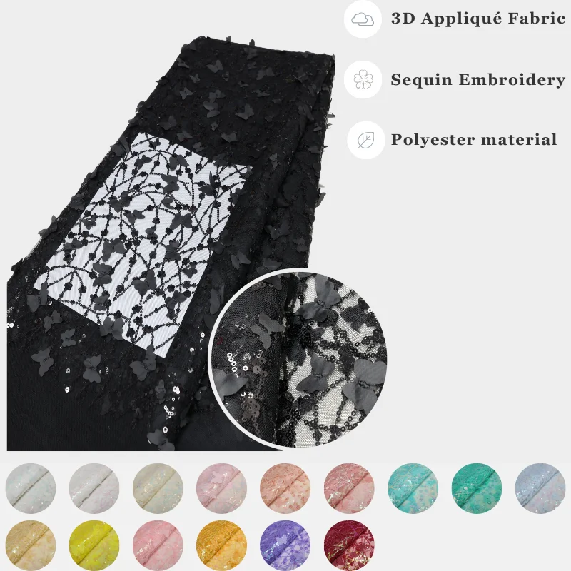 

5 Yards 3D Butterfly African Lace Fabric Sewing Nigeria French Sequin Tulle Applique Net Lace for Sewing Luxury Party Prom Dress