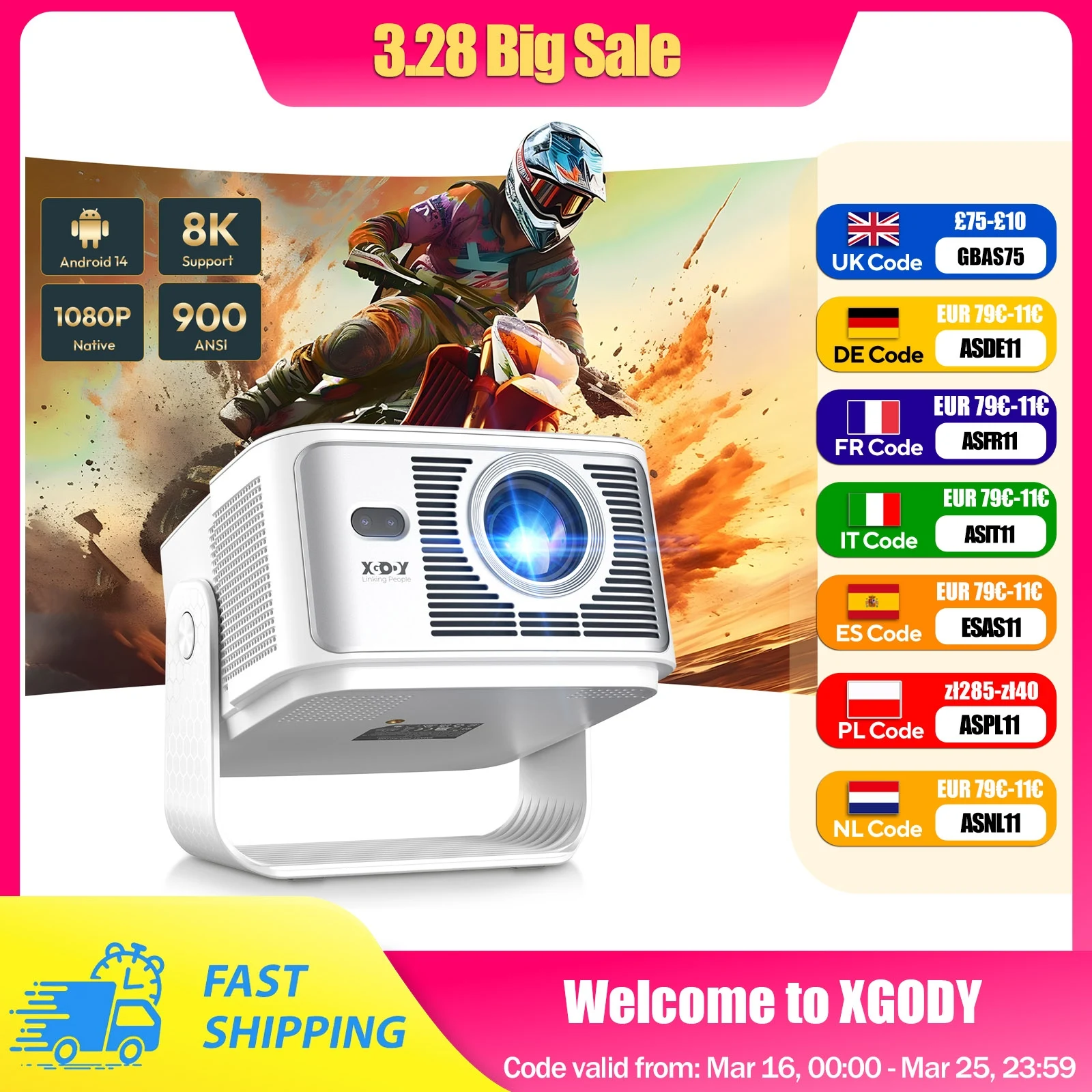 Projecteur XGODY Gimbal 7 900ANSI 8K 2 Go + 16 Go Android 14.0 Mise au point automatique Correction de la clé de sécurité Beamer Wifi6 BT5.4 Home Cinéma Extérieur