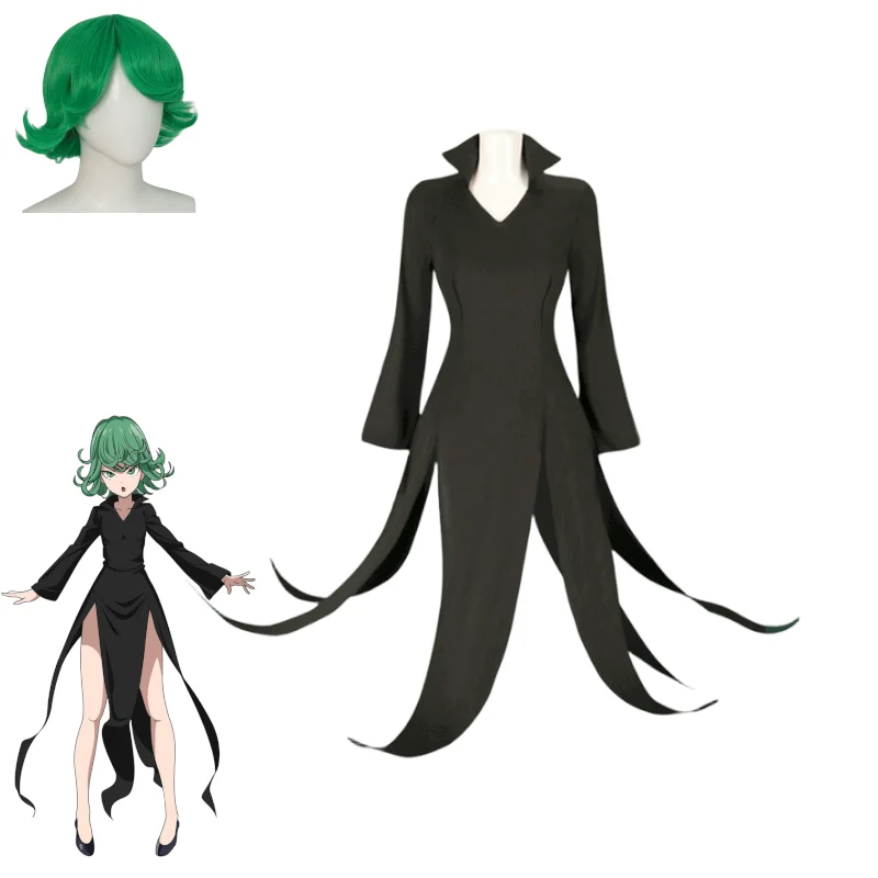 

One Punch Man Tatsumaki Cosplay Costume, Black High-Neck Dress, Tornado Outfit With Wig For Halloween Party