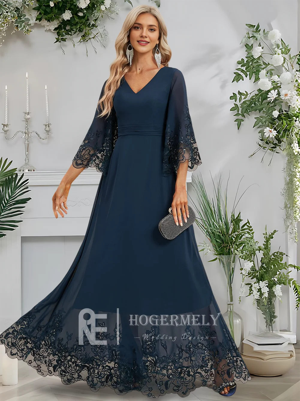 Um vestido de noite elegante feminino até o chão chiffon renda a linha vestido com decote em v 3/4 mangas flutter colher vestido de baile festa de casamento