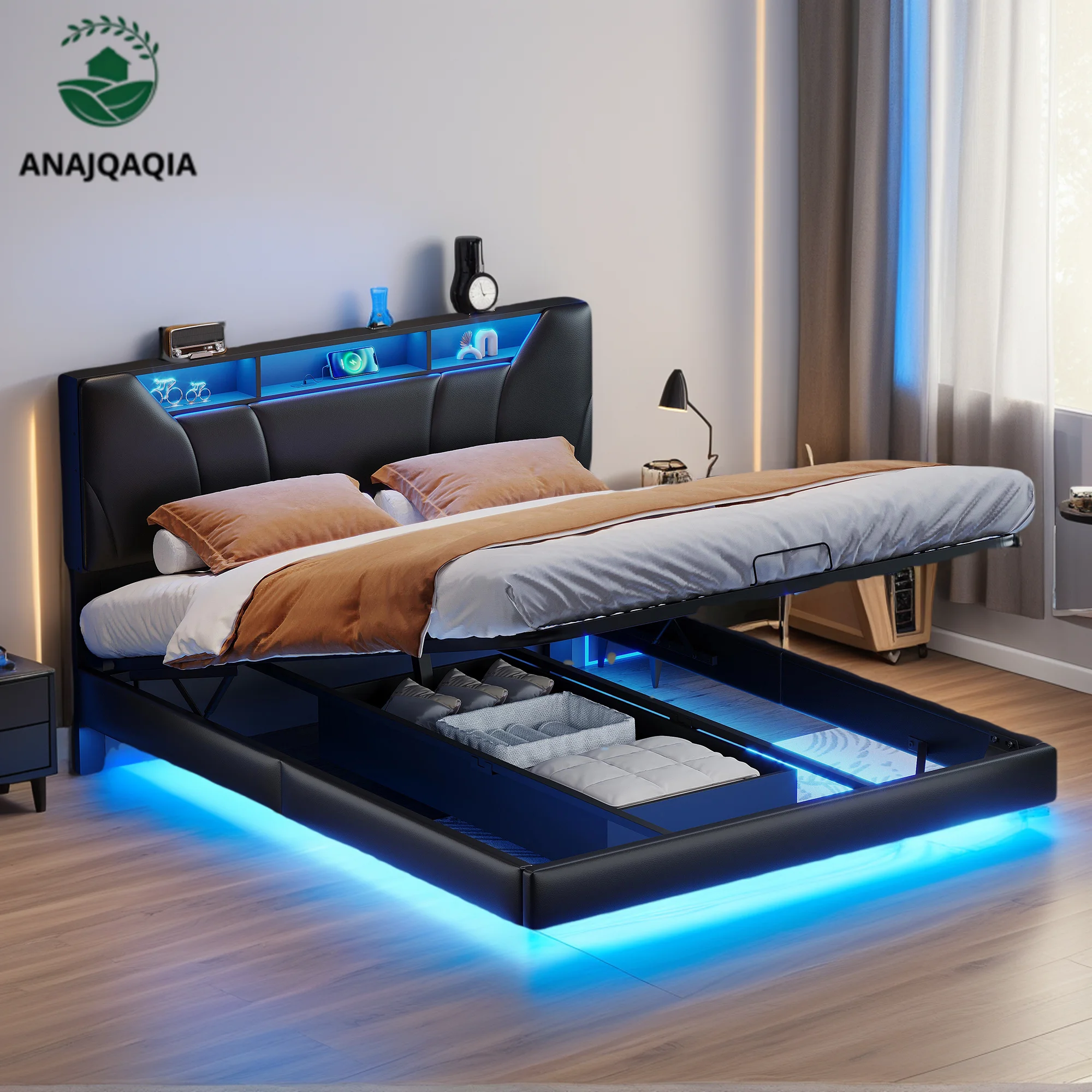 Lit double rembourré Anajqaqia avec éclairage LED et port de charge USB, cadre de lit flottant 140x200cm/160x200cm, lit avec rangement hydraulique