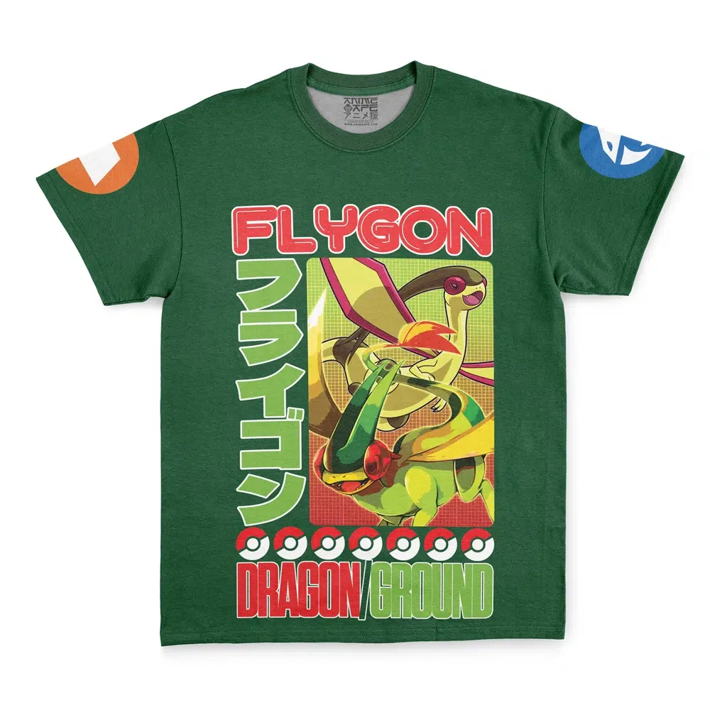 Men's Vintage Anime T-Shirt, Pokemon Flygon Dragon Ground Type Retro Manga Poster Print Casual Green Short Sleeve Cotton Top