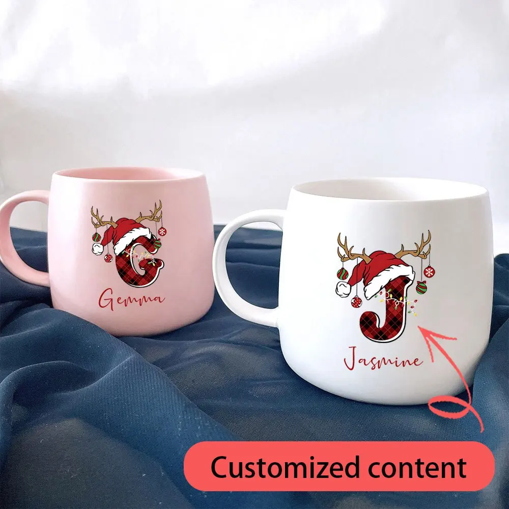 Custom Name Christmas Initial Ceramic Mug, Buffalo Plaid Letter with Santa Hat Reindeer Antlers Print, Holiday Coffee Cup Gift.