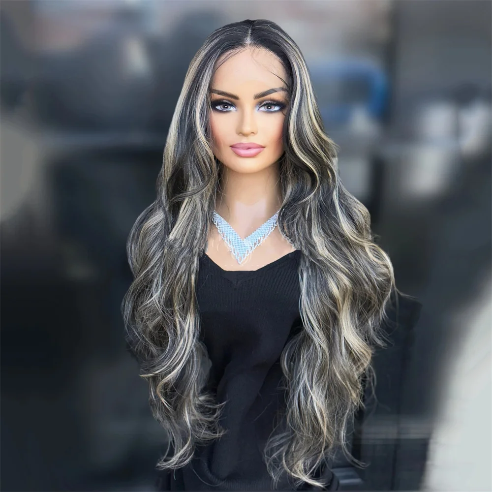 Brunette Highlights Synthetic Wig Japanese Futura Lace Front Wig Middle Part Women Long Wavy Hair Lightweight Wig Large Cap Size