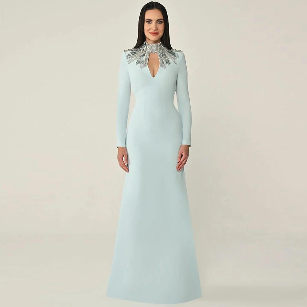 Luxury Blue Jersey Evening Dress Classic High Collar Long Sleeves Celebrity Gowns Delicate Crystal Customized Party Dresses