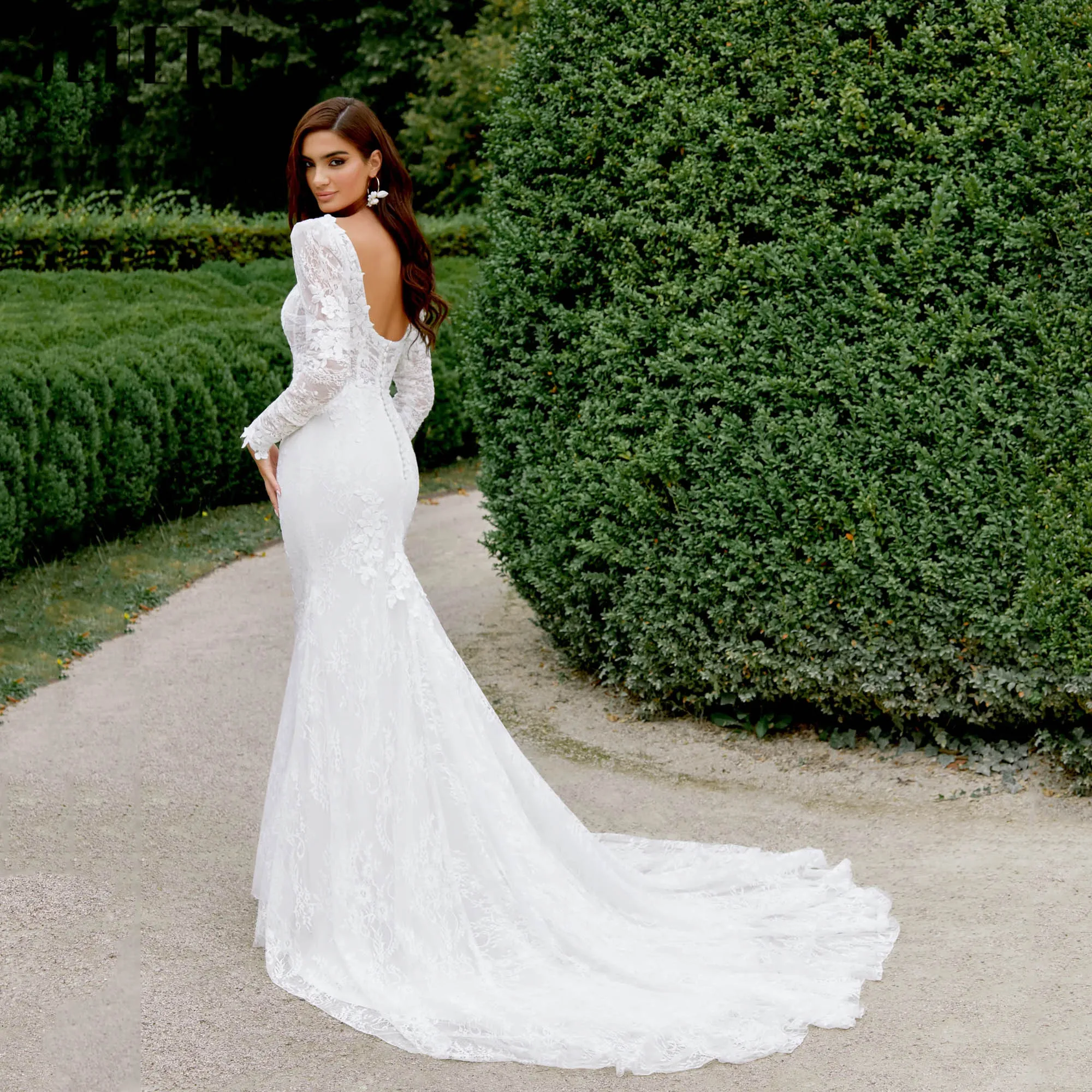 JEHETH Lange Mouwen Trouwjurken Luxe 2025 Zeemeermin Vierkante Hals Bruidsjurken Backless Applicaties vestidos de novia Aangepaste