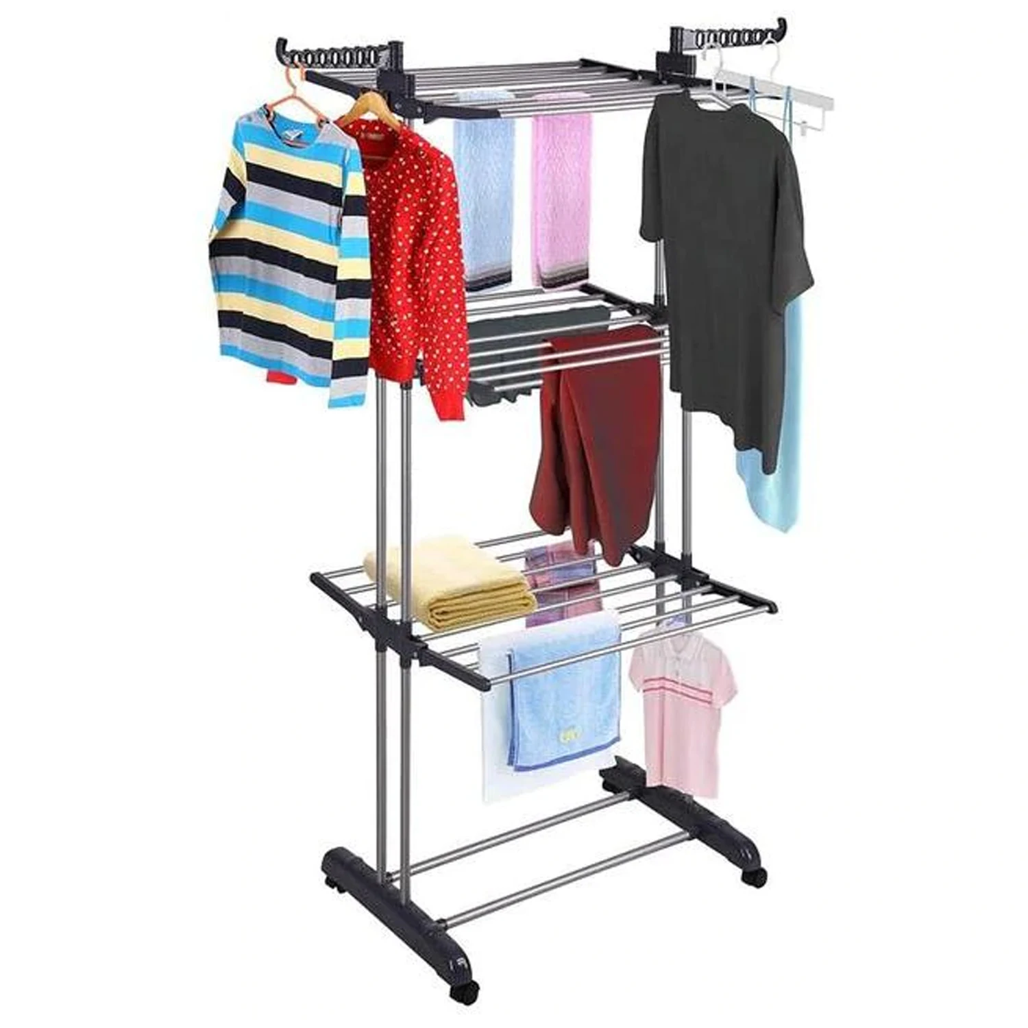 Multi Folding Floor Clothesline With 3 Floor Hanger With 4 Rods Supports Up To 48 Kg Global Mix