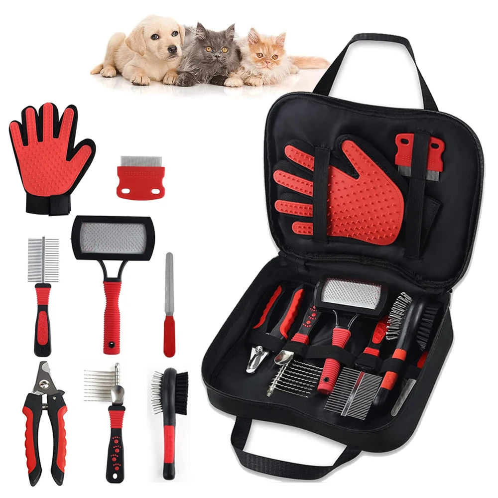 Pet Cleaning Set Portable Cat Dog Grooming Tool Kit Dog Hair Removal Bursh Nail Clipper File Flea Combs Cat Hair Removal Mitts